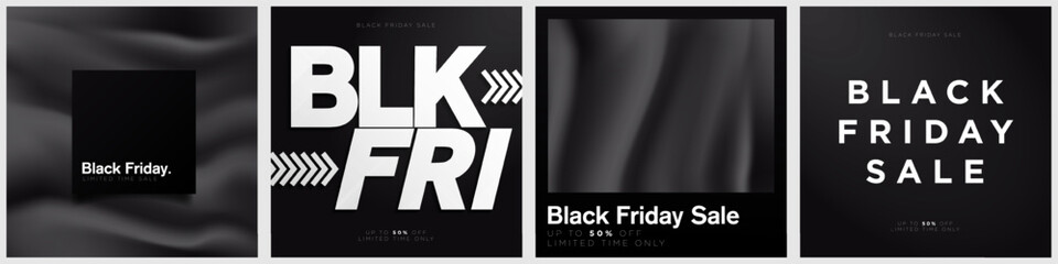 Set of Minimalist Black Friday Sales with gradient elements. Black Friday sale minimalism posters. Up to 50% off and limited time only tags. Vector Illustration. EPS 10.
