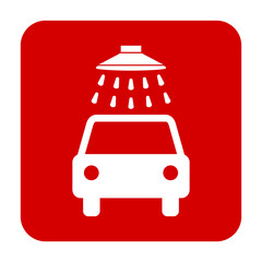 Znak myjni samochodowej. Wektor. Biała ikona w czerwonym kwadracie. Odosobniony. © robert6666