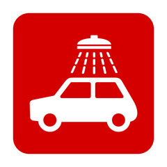 Znak myjni samochodowej. Wektor. Biała ikona w czerwonym kwadracie. Odosobniony. © robert6666