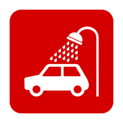 Znak myjni samochodowej. Wektor. Biała ikona w czerwonym kwadracie. Odosobniony. © robert6666