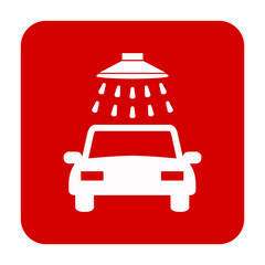 Znak myjni samochodowej. Wektor. Biała ikona w czerwonym kwadracie. Odosobniony. © robert6666