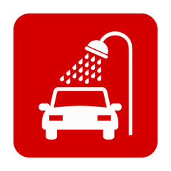 Znak myjni samochodowej. Wektor. Biała ikona w czerwonym kwadracie. Odosobniony. © robert6666