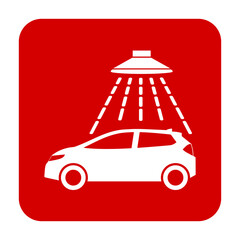 Znak myjni samochodowej. Wektor. Biała ikona w czerwonym kwadracie. Odosobniony. © robert6666