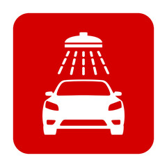 Znak myjni samochodowej. Wektor. Biała ikona w czerwonym kwadracie. Odosobniony. © robert6666