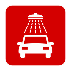 Znak myjni samochodowej. Wektor. Biała ikona w czerwonym kwadracie. Odosobniony. © robert6666