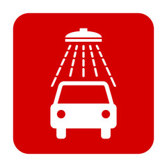 Znak myjni samochodowej. Wektor. Biała ikona w czerwonym kwadracie. Odosobniony. © robert6666