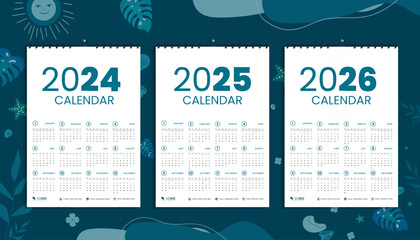 Wall Calendar 2024, 2025, and 2026 Design Template Bundle, Weeks Starting Monday. Clean, elegant white background template and luxury concept, suitable for home school college and office