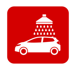 Znak myjni samochodowej. Wektor. Biała ikona w czerwonym kwadracie. Odosobniony. © robert6666
