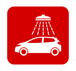 Znak myjni samochodowej. Wektor. Biała ikona w czerwonym kwadracie. Odosobniony. © robert6666