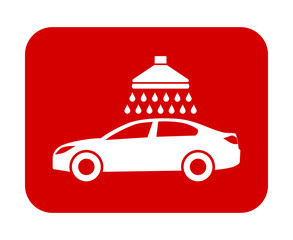 Znak myjni samochodowej. Wektor. Biała ikona w czerwonym kwadracie. Odosobniony. © robert6666