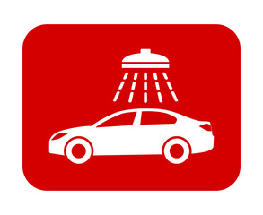 Znak myjni samochodowej. Wektor. Biała ikona w czerwonym kwadracie. Odosobniony. © robert6666