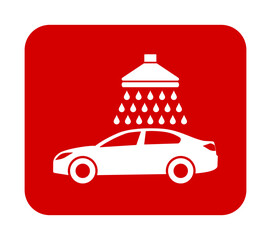 Znak myjni samochodowej. Wektor. Biała ikona w czerwonym kwadracie. Odosobniony. © robert6666