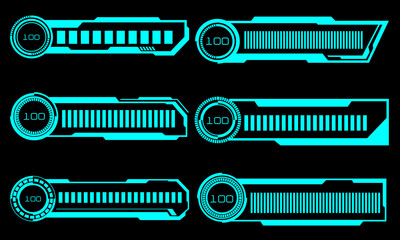 Set of HUD modern loading progress bars user interface elements design technology cyber blue on black futuristic vector