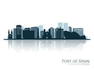 Port of Spain skyline silhouette with reflection. Landscape Port of Spain, Trinidad and Tobago. Vector illustration.