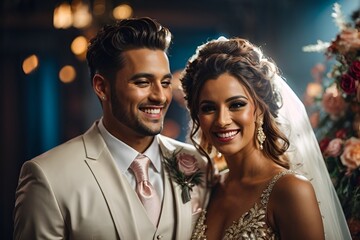 A happy bride and groom posing for a picture on their wedding day