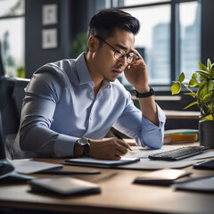Obraz premium A man working at his desk looking frustrated 