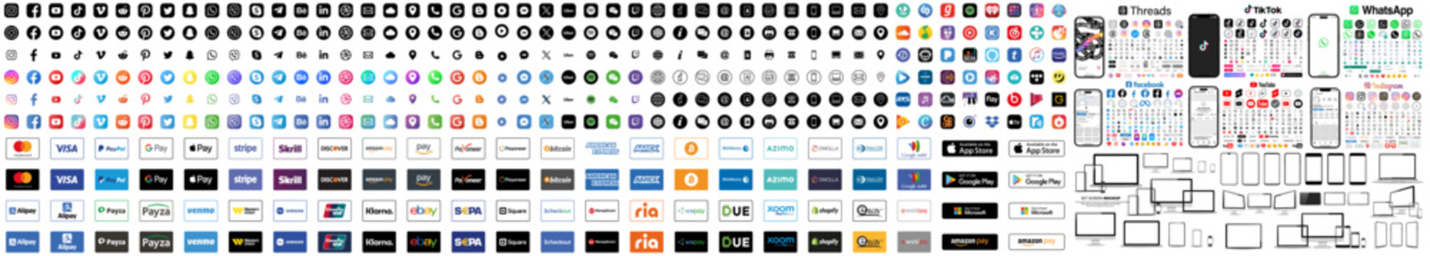 Icons for social networking vector. Contact and social icons. Payment collection. Pc, laptop, iphone. Music streaming services listen on badges set