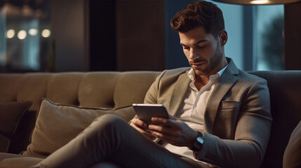 Fototapeta premium A young entrepreneur using a digital tablet while seated on a sofa
