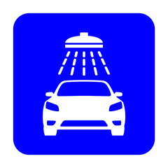 Znak myjni samochodowej. Wektor. Biała ikona na niebieskim kwadracie. Odosobniony. © robert6666