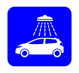 Znak myjni samochodowej. Wektor. Biała ikona na niebieskim kwadracie. Odosobniony. © robert6666