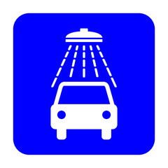 Znak myjni samochodowej. Wektor. Biała ikona na niebieskim kwadracie. Odosobniony. © robert6666