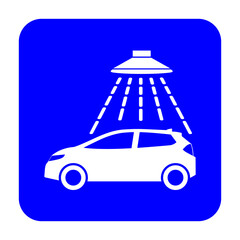 Znak myjni samochodowej. Wektor. Biała ikona na niebieskim kwadracie. Odosobniony. © robert6666