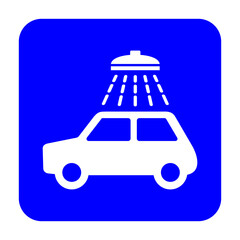 Znak myjni samochodowej. Wektor. Biała ikona na niebieskim kwadracie. Odosobniony. © robert6666