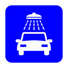 Znak myjni samochodowej. Wektor. Biała ikona na niebieskim kwadracie. Odosobniony. © robert6666