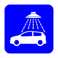 Znak myjni samochodowej. Wektor. Biała ikona na niebieskim kwadracie. Odosobniony. © robert6666