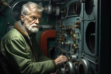 Old man in the submarine, working on the instruments. Generative AI