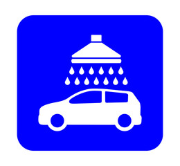 Znak myjni samochodowej. Wektor. Biała ikona na niebieskim kwadracie. Odosobniony. © robert6666