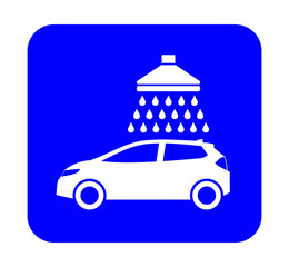 Znak myjni samochodowej. Wektor. Biała ikona na niebieskim kwadracie. Odosobniony. © robert6666