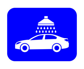 Znak myjni samochodowej. Wektor. Biała ikona na niebieskim kwadracie. Odosobniony. © robert6666