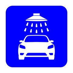 Znak myjni samochodowej. Wektor. Biała ikona na niebieskim kwadracie. Odosobniony. © robert6666