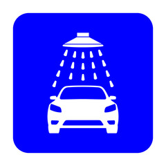 Znak myjni samochodowej. Wektor. Biała ikona na niebieskim kwadracie. Odosobniony. © robert6666