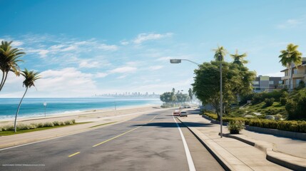 Naklejka premium Empty asphalt road beside the sea background, highway beside the sea, outdoors horizontal image, Generative AI illustration