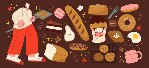 Retro stickers characters bakers from the 90s cooking. Cartoon vintage style, groovy illustration of a bakery, coffee house, dough,buns croissants, cakes. Chef in the uniform baking bread	