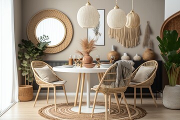Round table and wickered chairs in ethnic style living room at cozy home. Illustration generative AI - obrazy, fototapety, plakaty