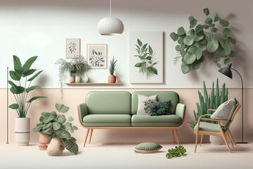 Front view of elegant living room with vintage green sofa. Illustration generative AI