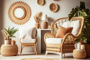 Papier Peint photo Style bohème Comfortable living room with ethnic interior design in bohemian style. Illustration generative AI
