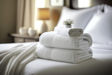 Stack of clean towels with flowers on bed in apartment. Illustration generative AI