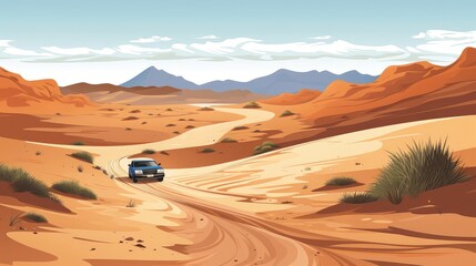 Fototapeta na wymiar Desert landscape with sand road, A long straight dirt road disappears into the distant, cartoon style,