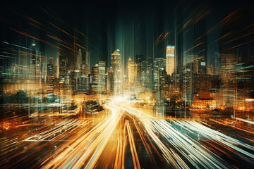 Bright city lights with abstract motion blur showing tall skyscrapers in background. Digital future urban innovation, smart cities, fast speed concept.