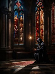 A person sitting in front of a beautiful stained glass window