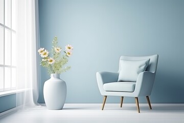 Pastel blue studio with window, flower vase, and armchair for creative interior design. Light blue color background. for web, presentation, or frame. - obrazy, fototapety, plakaty