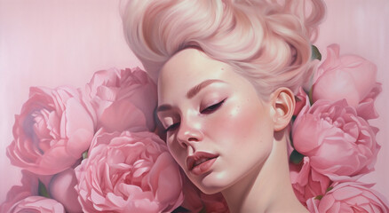 art woman pink peony trendy beauty rose face lady fashion flower. Generative AI.