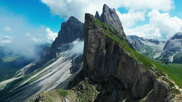 Aerial footage of Seceda in South Tyrol, Dolomites, Italy