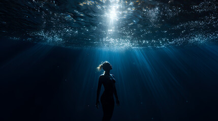 Person or Freediver immersed beneath the ocean surface. Peace and tranquility when diving. Shallow field of view.