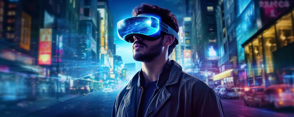 man in virtual reality glasses in the city. Generative Ai. 