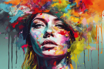 face woman colours illustration lip style beauty portrait watercolor colourful art. Generative AI.